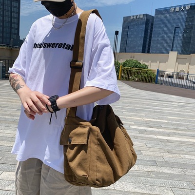 新款女士大容量水洗帆布单肩包女日系潮流工装斜挎包情侣购物背包